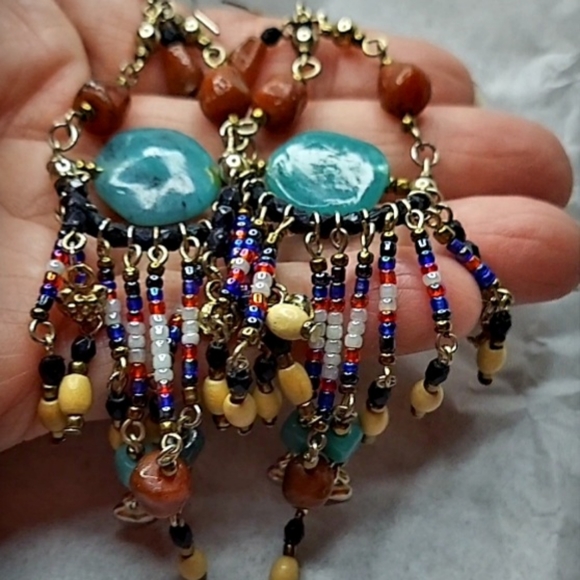 Boho Artisan Long Drop Earrings Stone Wood Glass 5" Long - Picture 3 of 5